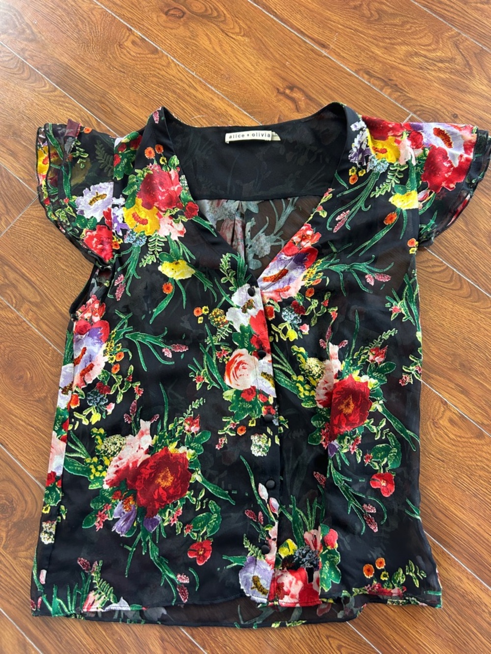 Alice + Olivia Black Floral V-Neck Blouse with Multicolor Blooms